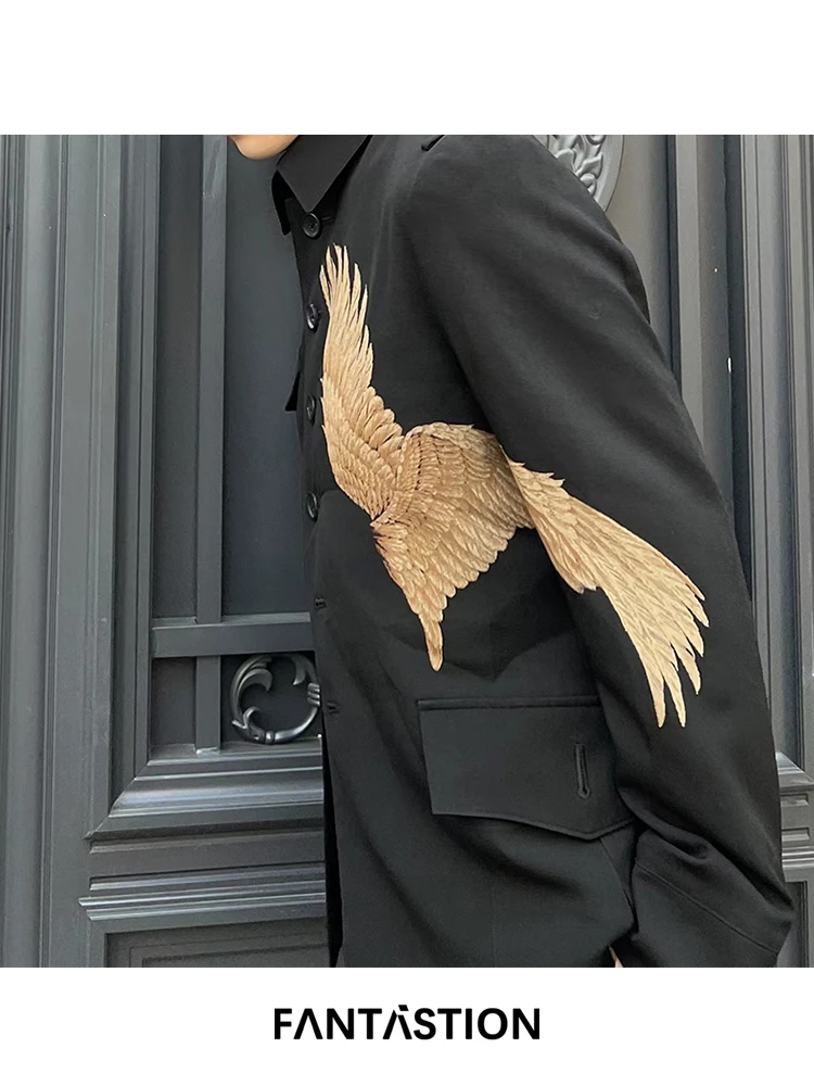 

FANTASTION Original design Vintage Casual blazers Wing print Multiple pocket design unisex suit jackets