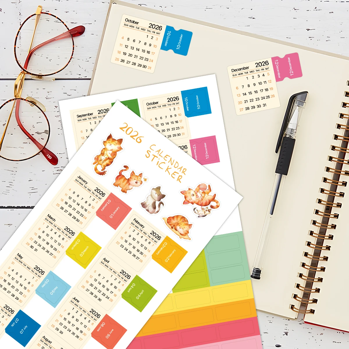 2pcs 2026 Calendar Stickers,Monthly Planner Decals,Vibrant Color-Coded Days Design,Labels For Bullet Journal,Meal Plan,Schedule