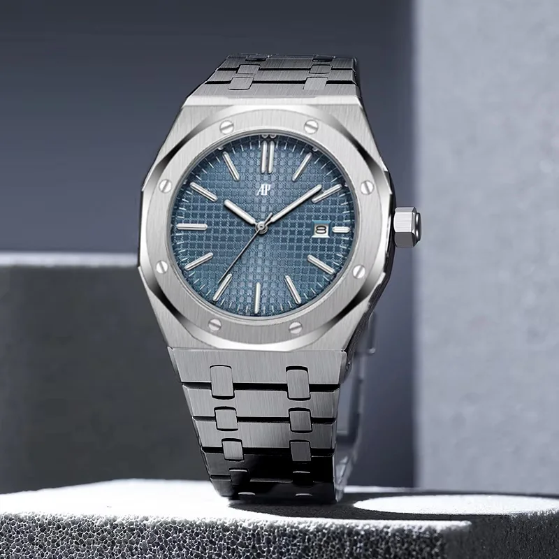 AP العلامة التجارية الكلاسيكية العصرية العلامة التجارية الرجال حساسية ساعة مقاوم للماء الفولاذ المقاوم للصدأ ساعة اليد مضيئة تاريخ ساعة زجاجية معدنية هدية