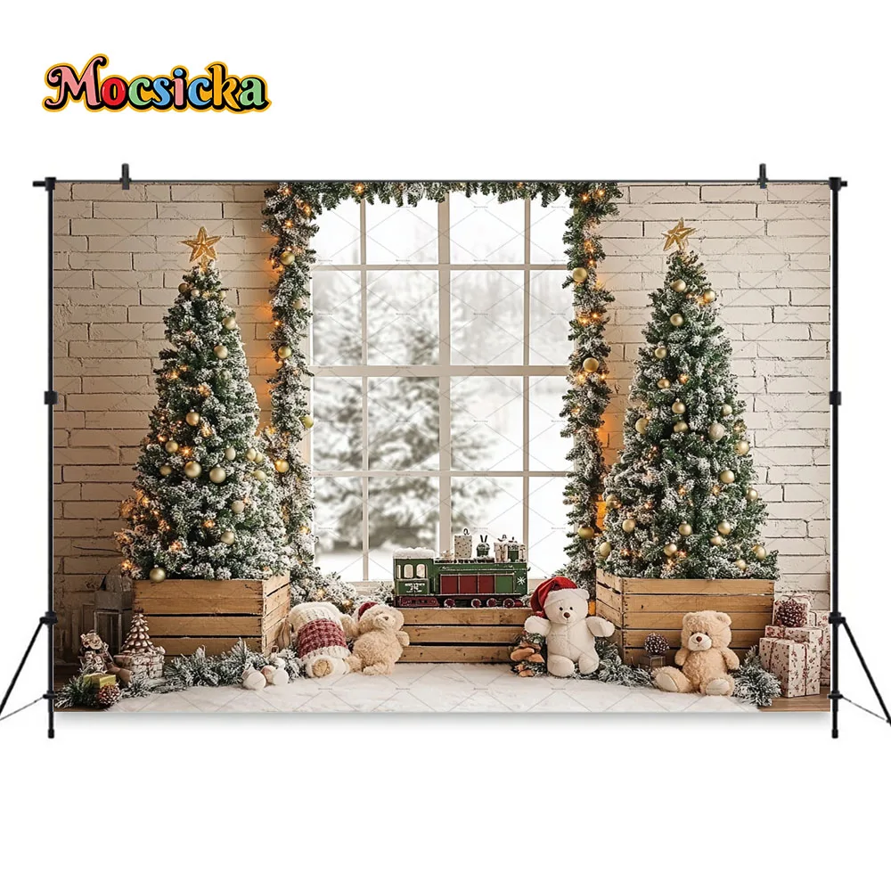 Рождественский фон для фотосъемки с окном, рождественская елка, игрушка в подарок, медведь, белый фон с кирпичной стеной, зимний детский фон для фотосессии на день рождения, студия