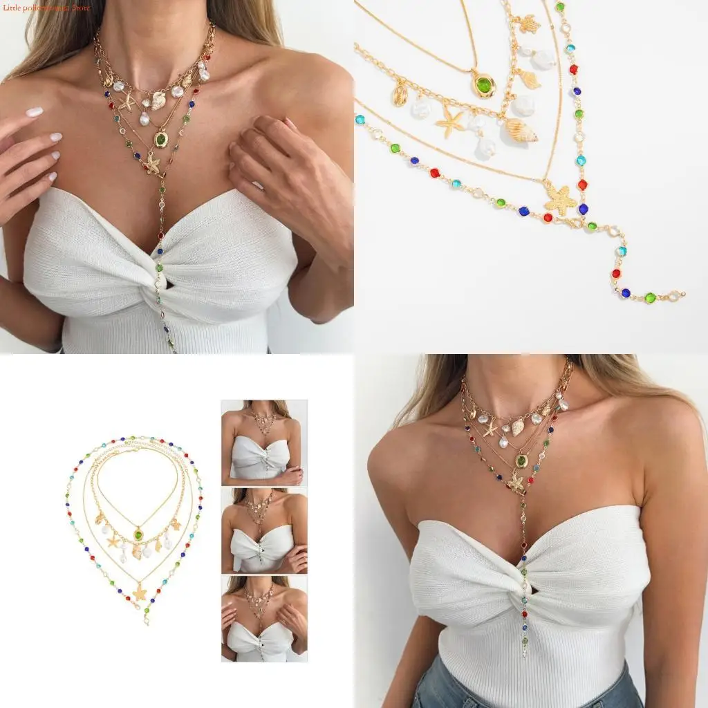 F92D Set Of 4 Ocean Inspired Layering Necklaces Shell Pearls And Crystal Design
