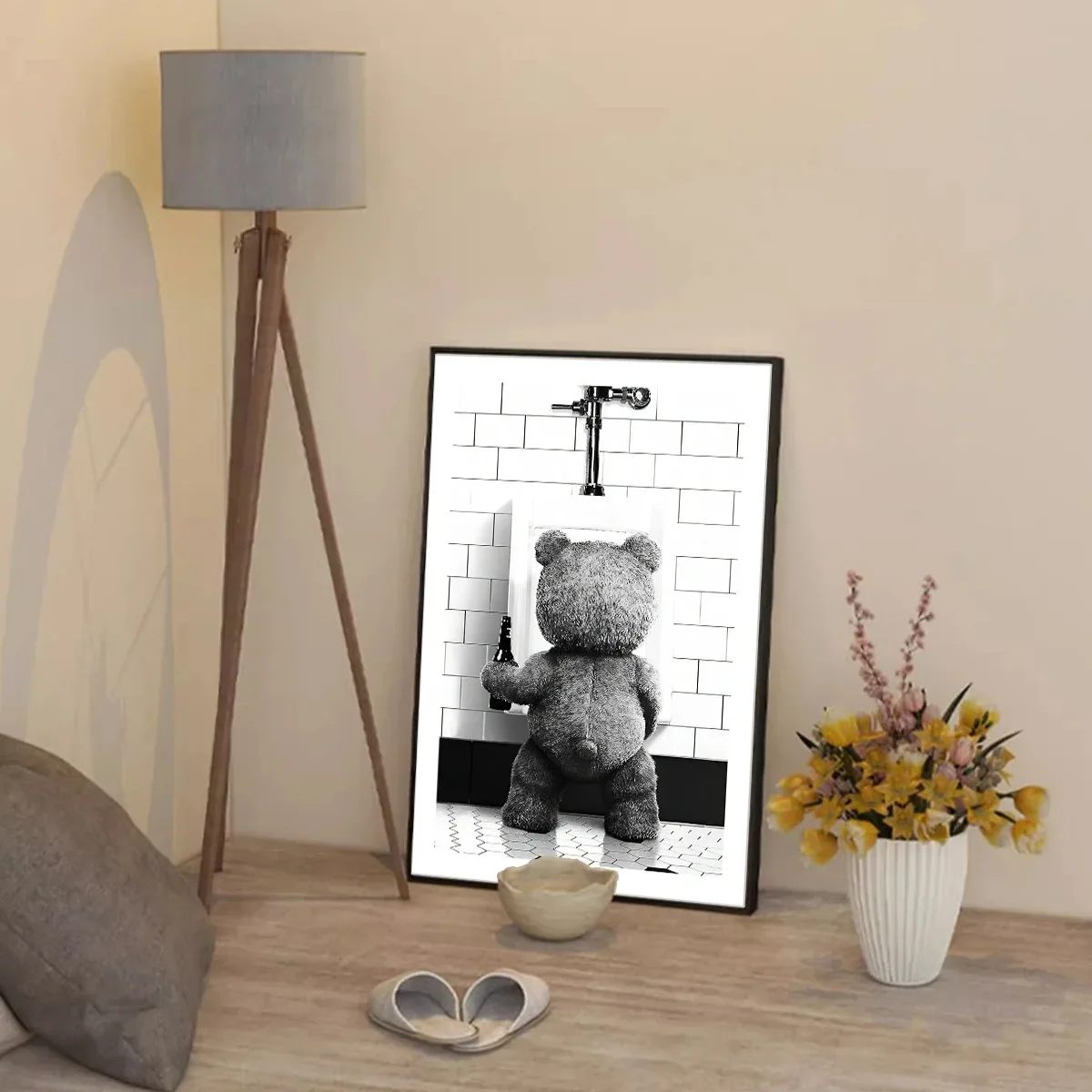 ملصق ديكور حمام دب لطيف بالأبيض والأسود ، لوحة قماشية ، صورة جدارية ، الموضة الحديثة ، فن الغرفة ، ديكور المنزل #3