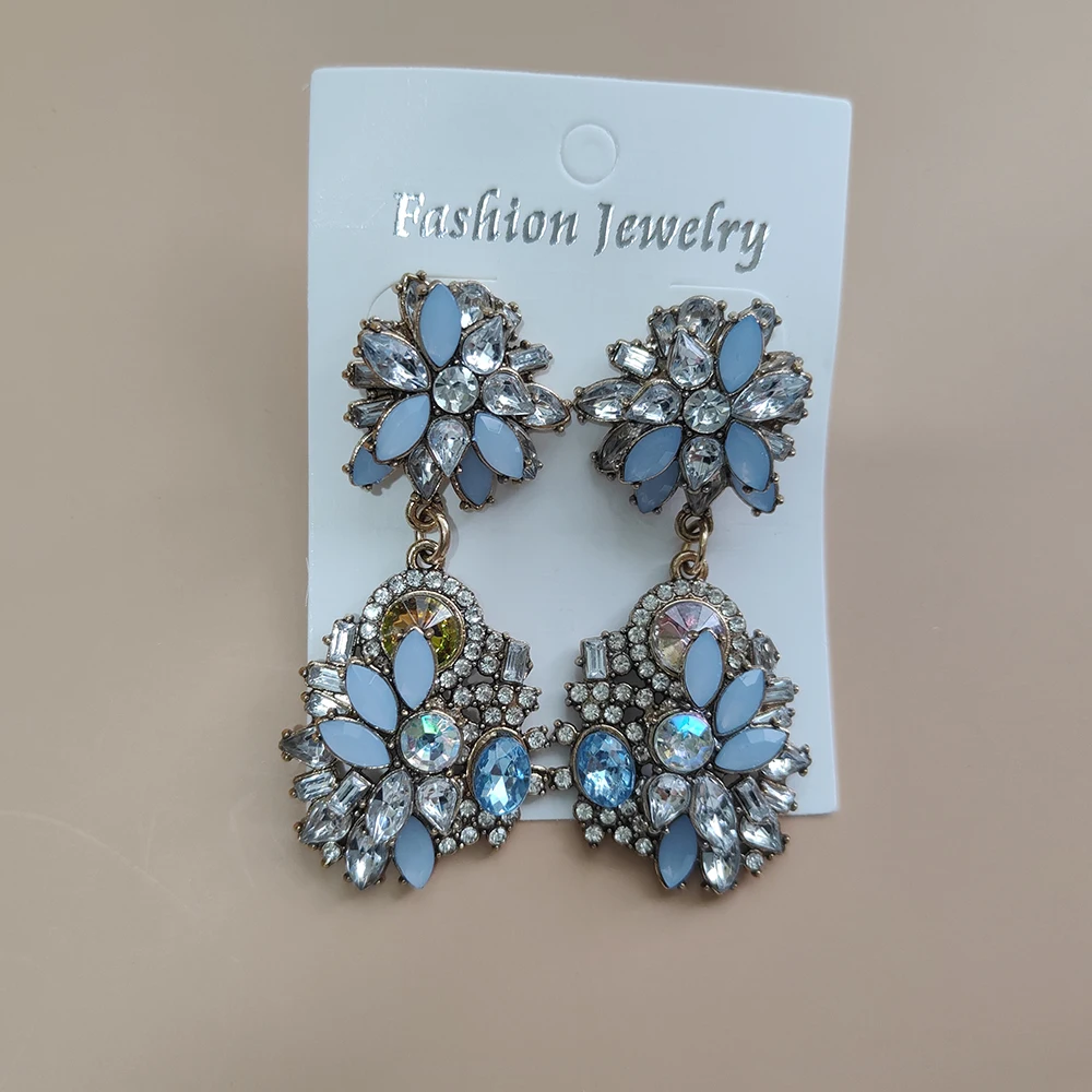 Vintage Statement Jewelry Accessories Blue Crystal Rhinstone Earrings and Matching Choker Necklace for Women