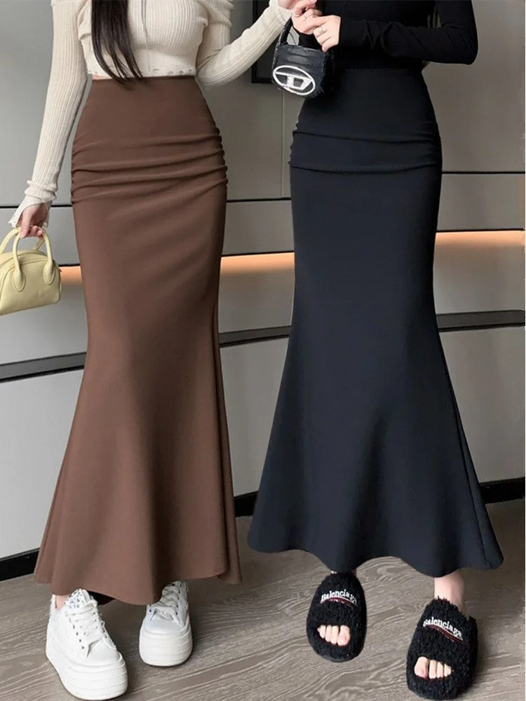 

Элегантные длинные юбки-русалки в корейском стиле для офиса, облегающие, стрейч, черные, кофейные, повседневные, для женщин
