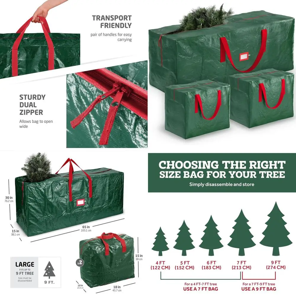 

Green Waterproof Christmas Tree Storage Bag for 9ft Trees, Holds 2 Ornaments/Garland, Durable Handles