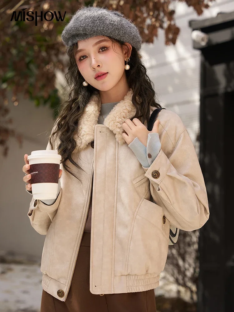 MISHOW Motorcycle Down Jacket Women 2023 Winter Vintage Fashion Pu Leather Fur Collar Puffer Jackets Zipper Outwear MXC57Y0011