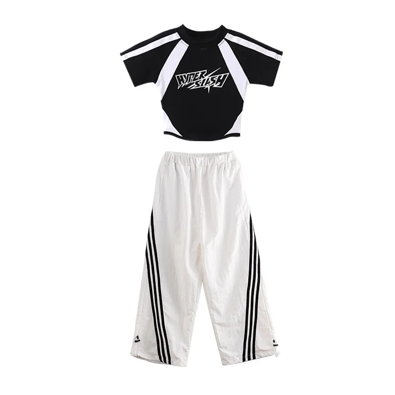 Girls Clothing Summer Chidren Hip Hop Outfit Cotton Black Long Sleeve Crop Top T-Shirt White Polyester Pants 2 Piece Set Streetw