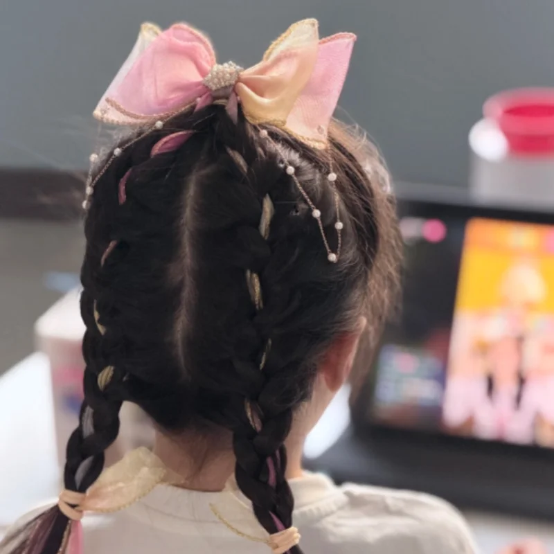Cute Elegant Mesh Bow Ribbon Clips Baby Girls with Faux Pearl Tassel Decoration Hair Accessories for Party Performance Wholesale