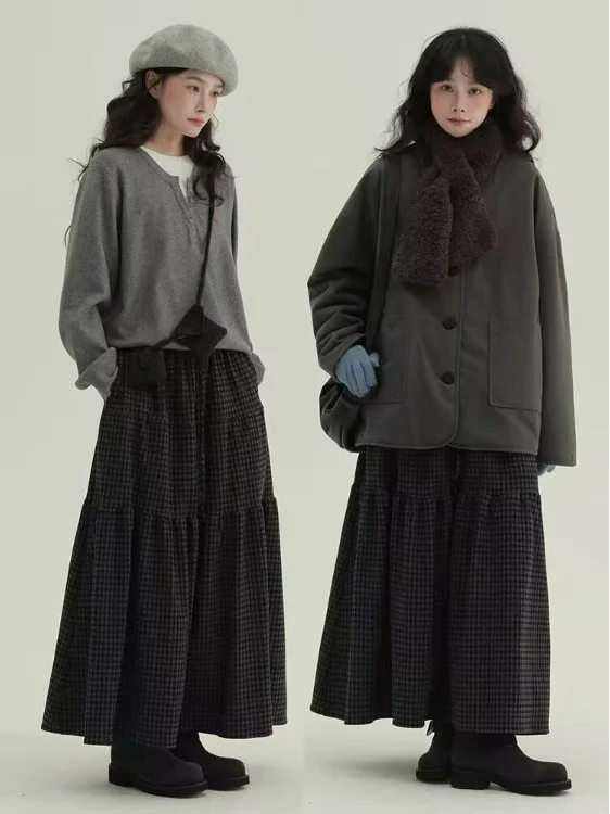 Retro retalhos xadrez a linha midi saia cintura elástica emagrecimento versátil tamanho grande roupas femininas casuais saias longas