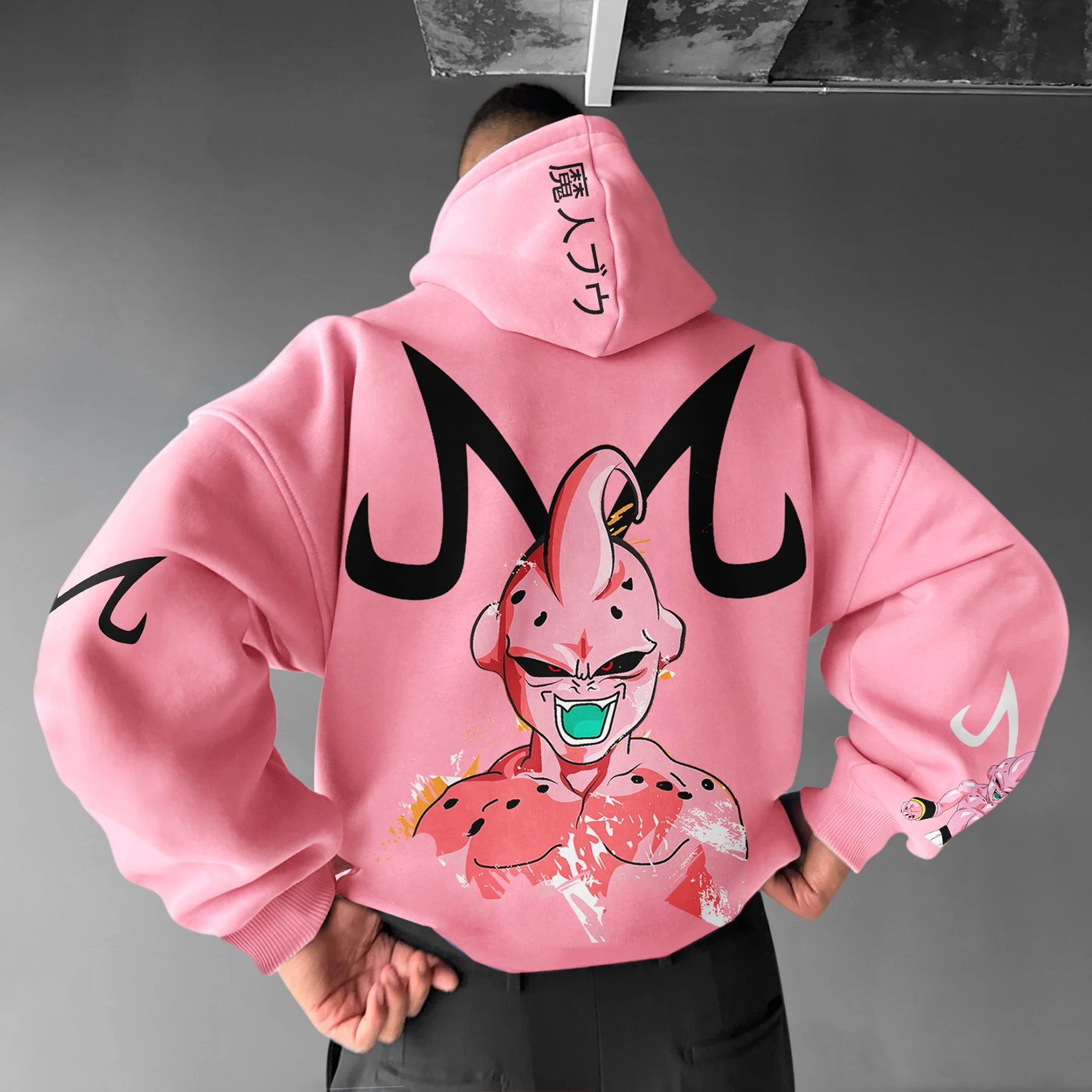 سويت شيرت Dragon Ball Z Majin Buu Pink Hoodie للرجال ملابس الشارع الشهير مع بلوفر كاجوال مطبوع ياباني لمحبي الموضة