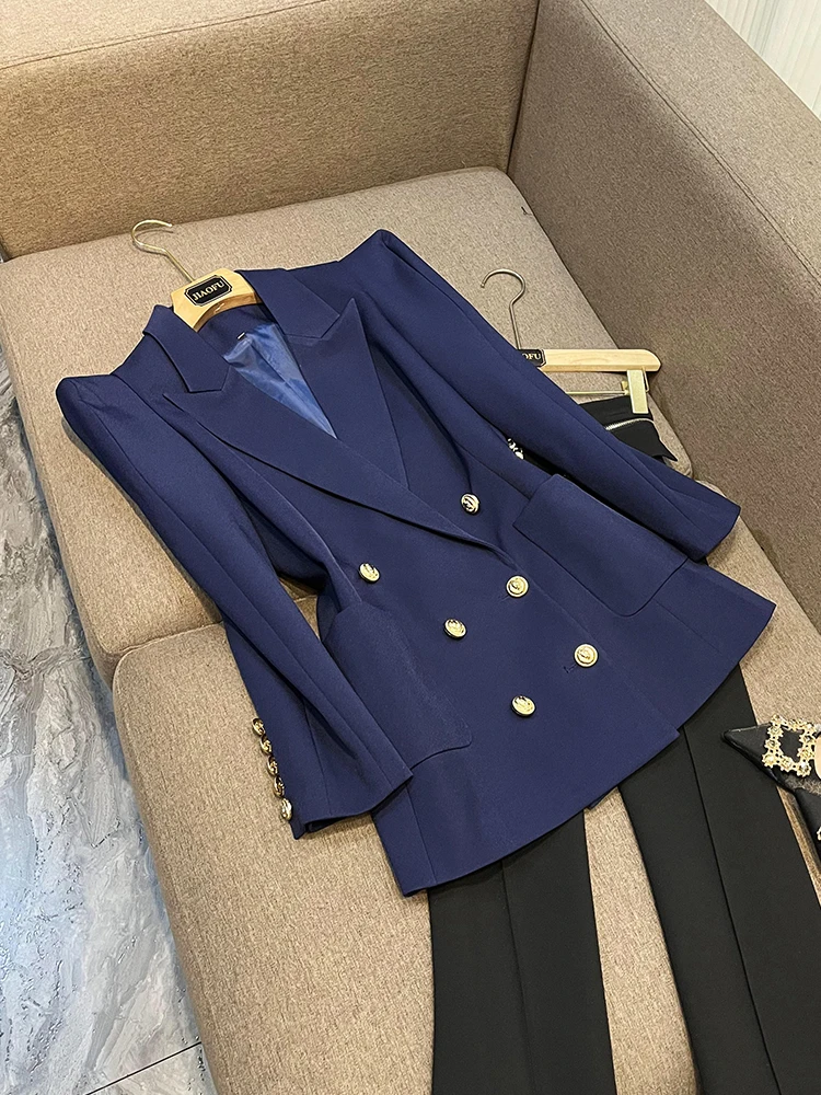 2023New Street High-Quality Design Royal Blue Women Fashion Elegant 2Pieces Blazers Sets With Shoulder Pads Personize Lady Suits