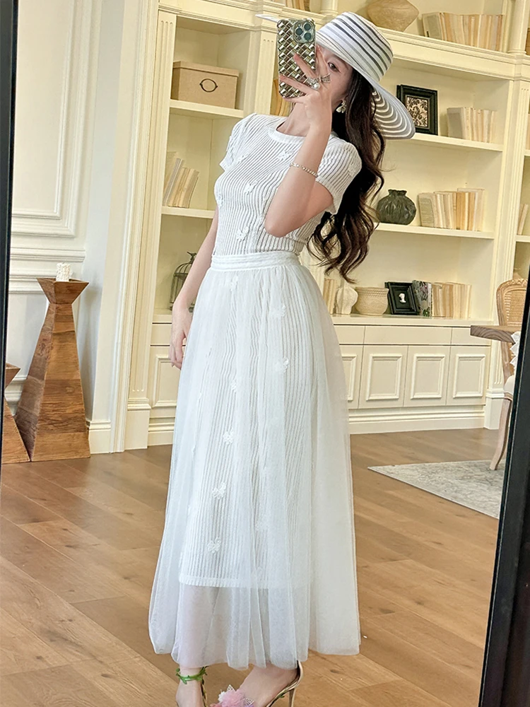 フランス風エレガントロングドレス レディース スウィートフェアリーコア フックフラワー ホローボディコンローブ スイング シアーメッシュスカート レディース ホリデーワンピース