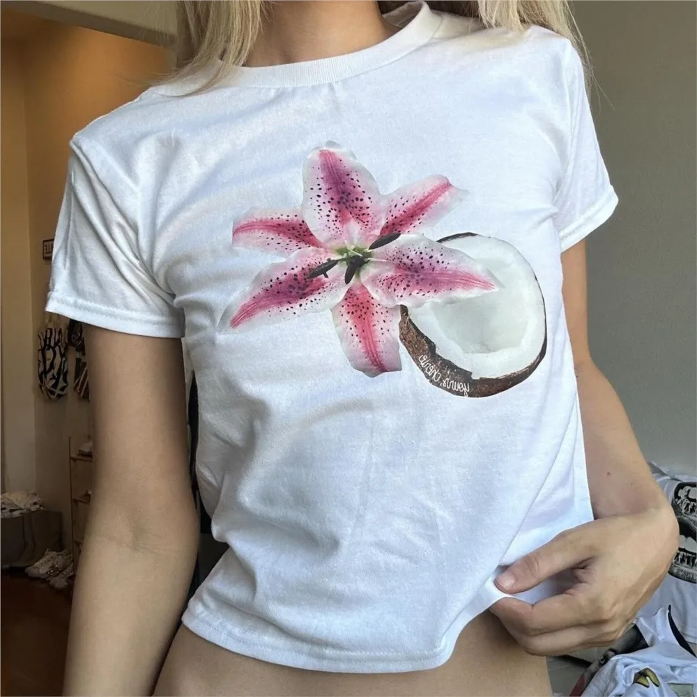 

2026 Summer Casual T Shirt Tees Women's T-shirts Blusas Short Sleeve Tops Simple Style All-match Commuting Slim Printed Flowers
