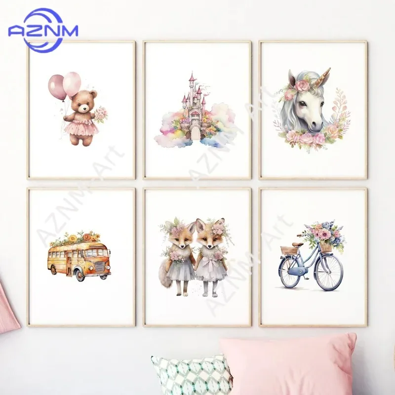 Whimsical Pink Kids' Gallery Wall  Frameless Balloon Bear, Ballerina & Car Canvas Prints for Children's Bedroom