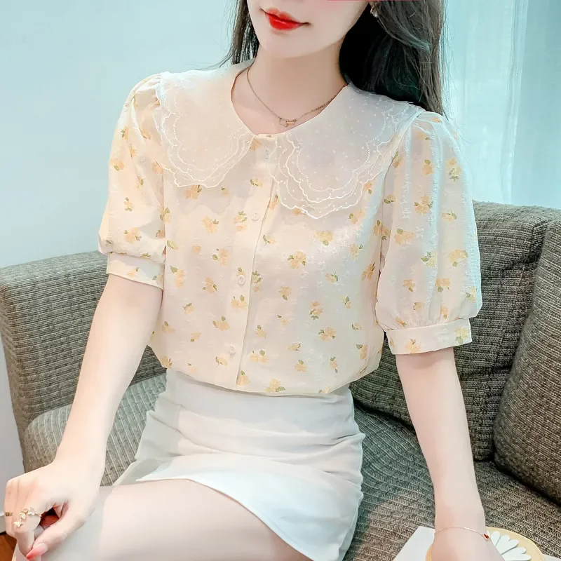 Chic Summer Floral Print Chiffon irt Women's Faionable Doll Collar ort Sve Ele Top Korean Sle Bubble Sve