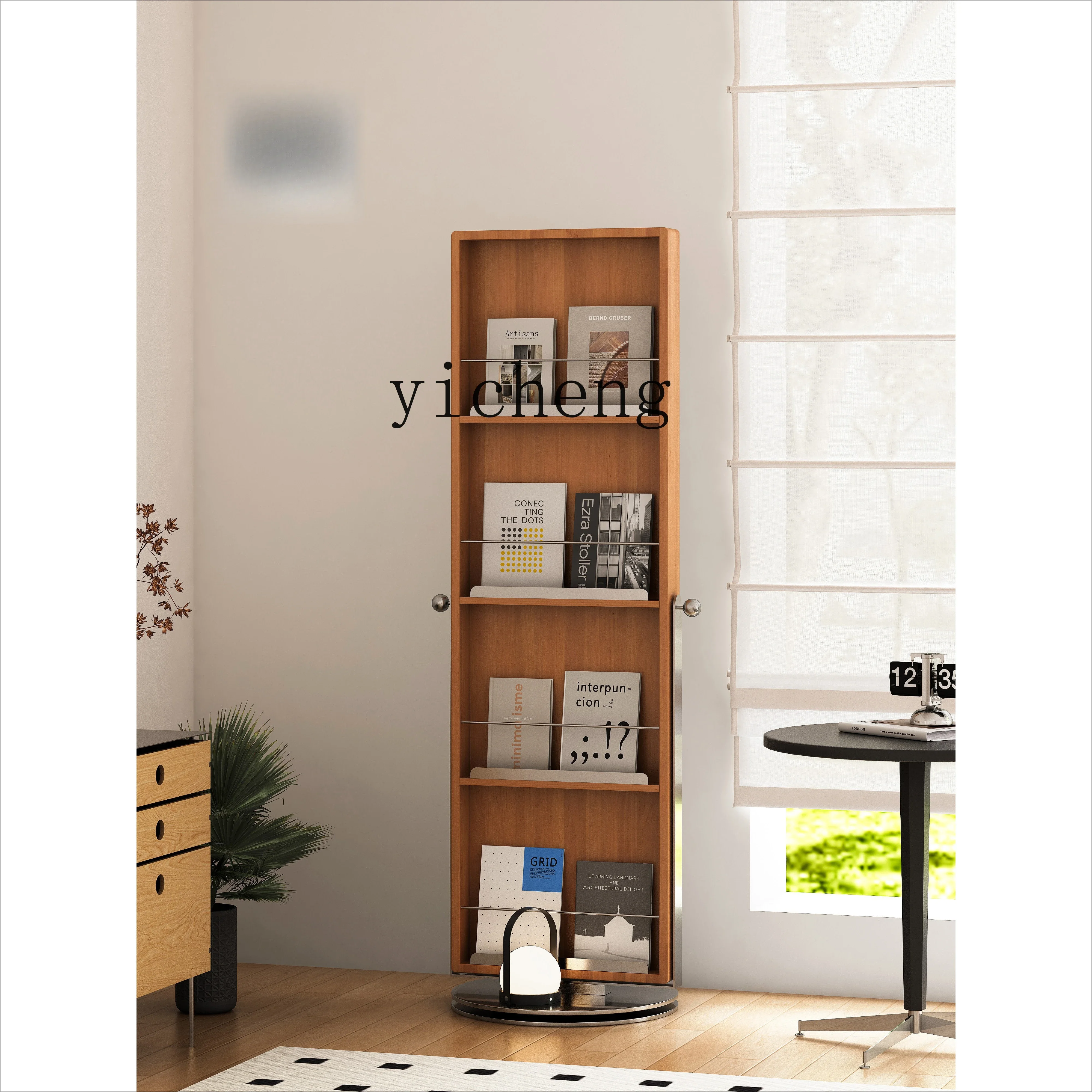 solid wood magazine rack movable full-body mirror small apartment simple full-length mirror book and newspaper rack household