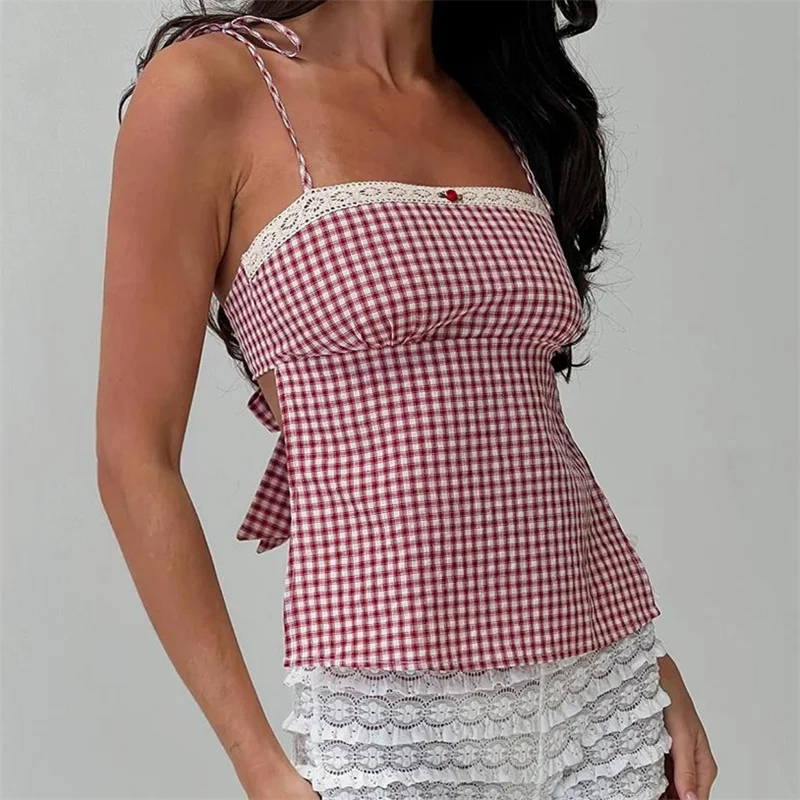 Y2k Coquette Tops Summer Women Red Gingham Camisole Top Sleeveless Aesthetic Plaid Print Crop Top Casual T-Shirt Streetwear