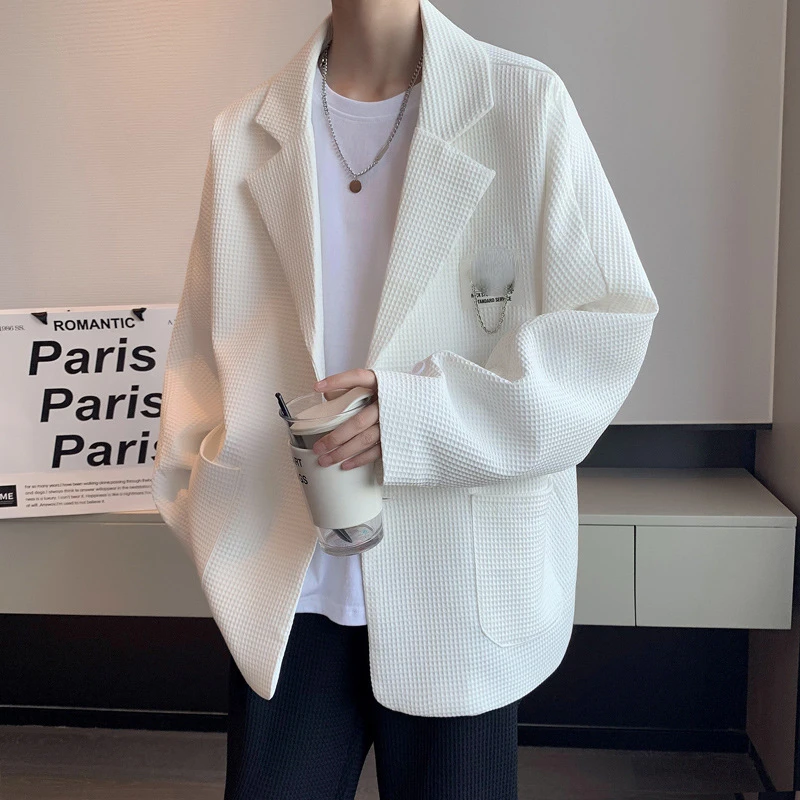 Men Suit Coat Spring and Summer Waffle Suit Oversize Coat Two-button Cardigan Blazer Solid Pocket Business Jacket Blazer for Men