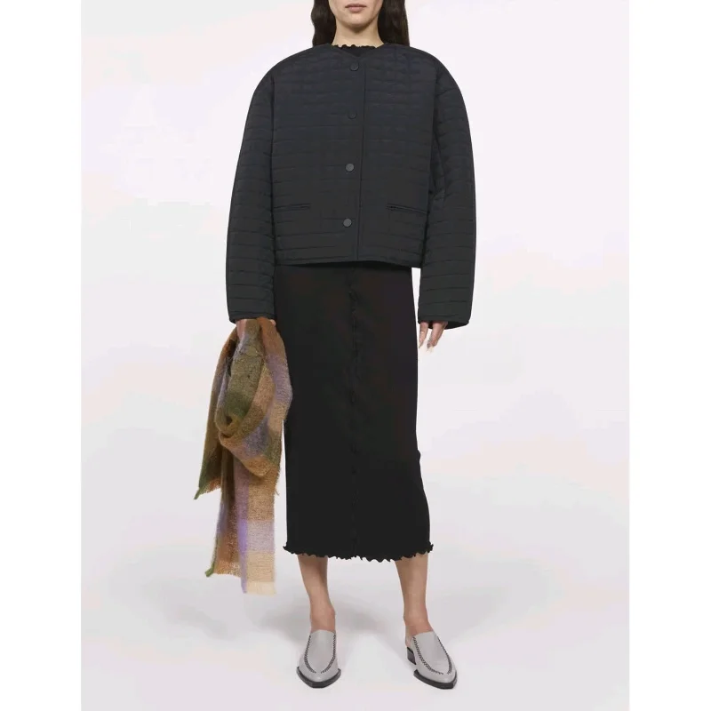 Herfst nieuwe damesmat Sle losse enkele knoop rond Ne Long Sve ort gewatteerde katoenen Jaet jas geruit patroon