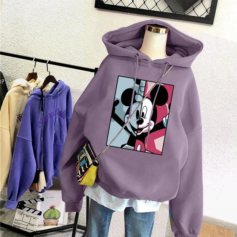 Disney Mickey Mouse Cartoon Print Hooded Sweater Women\'s Spring Autumn Long-sleeved Lazy Style Pullover Casual Ladies Sportswear