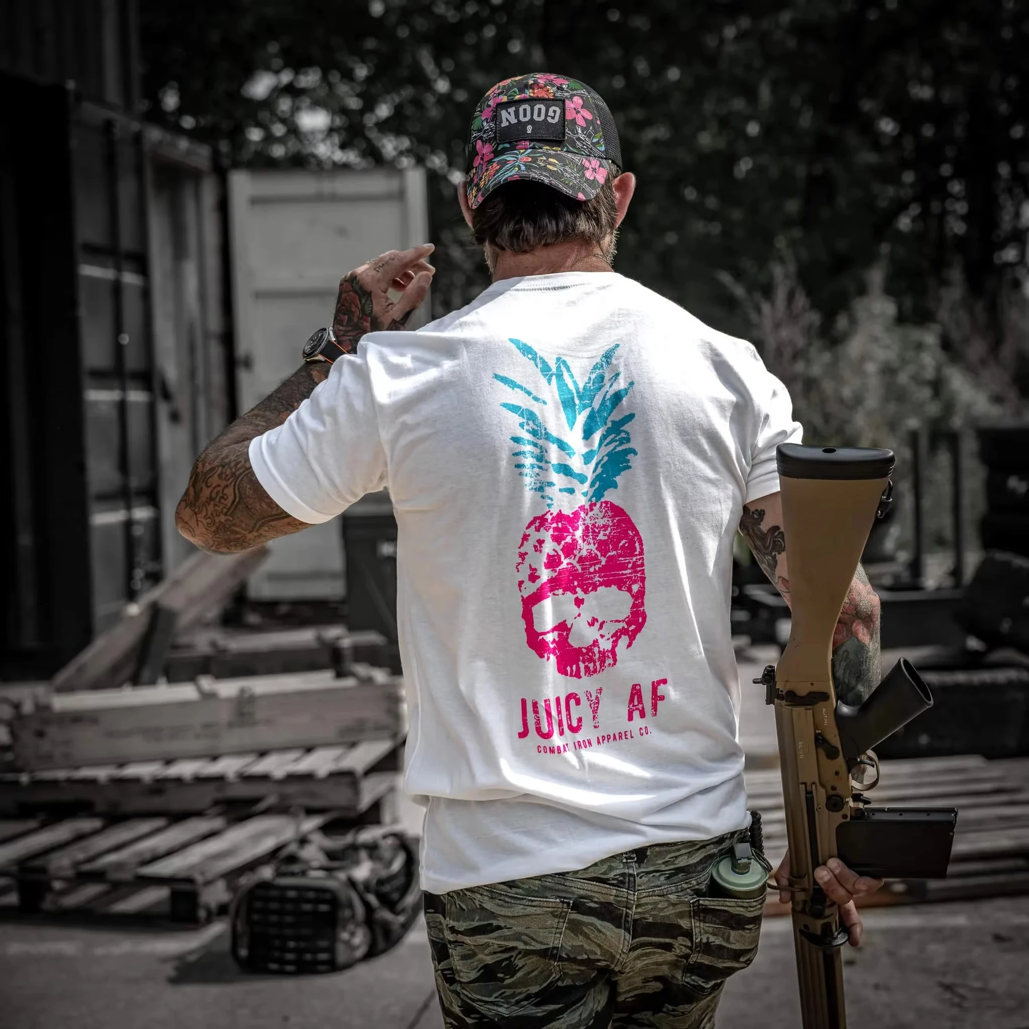 Tactical Range Casual Trend Graphic T Shirt Unisex Double Print Large Back Vertical Pink Blue Pineapple Skull Combat Iron