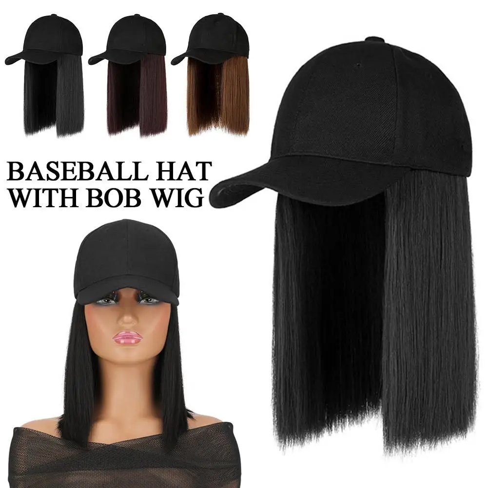 Beanies Hat With Hair Wigs For Women 35cm Long Straight Hair Synthetic Wig Warm Soft Ski Knitted Autumn Winter Cap