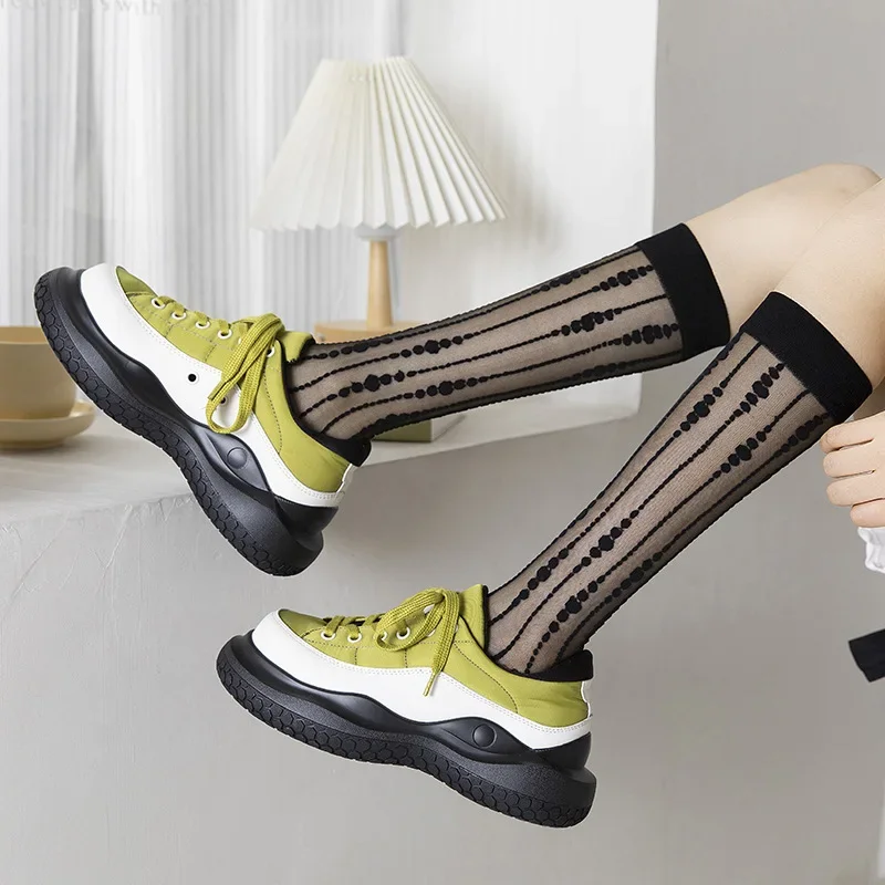 Summer Ultra Thin Silk Socks Crystal Black White Girls Wave Point Stripe Strap Elastic Stockings Women Casual Calcetines Mujer