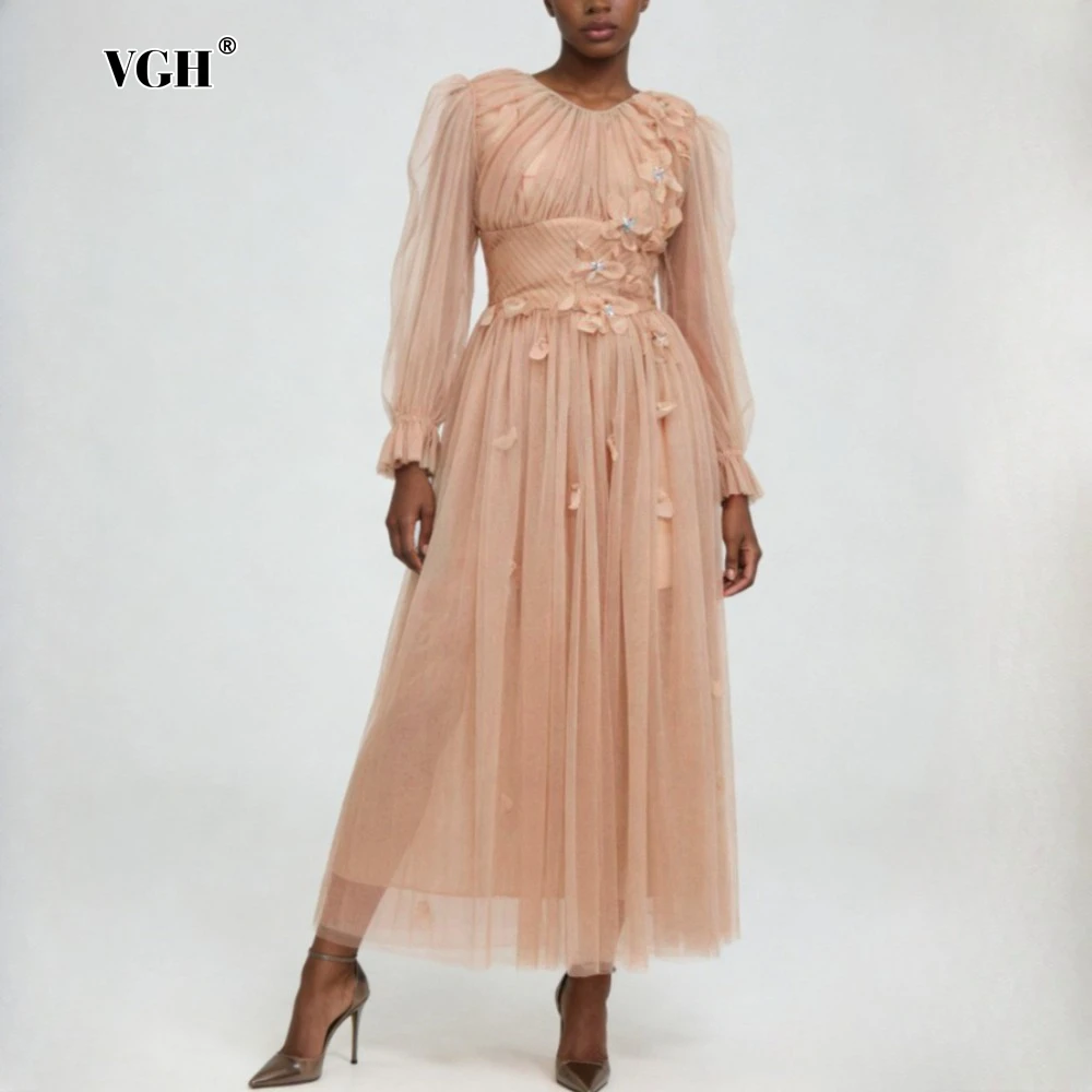 VGH Coffee Loose Spliced Flower Chic Dresses for Women O Neck Puff Sleeve French Elegant Dress Female Spring Fashion Style New