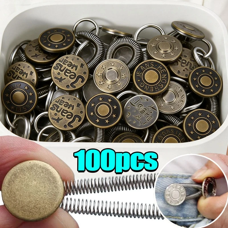 

100 шт. регулируемых выдвижных эластичных металлических кнопок-пружин для одежды, брюк, джинсов, идеально подходят для регулировки талии, кнопки-удлинители для пояса