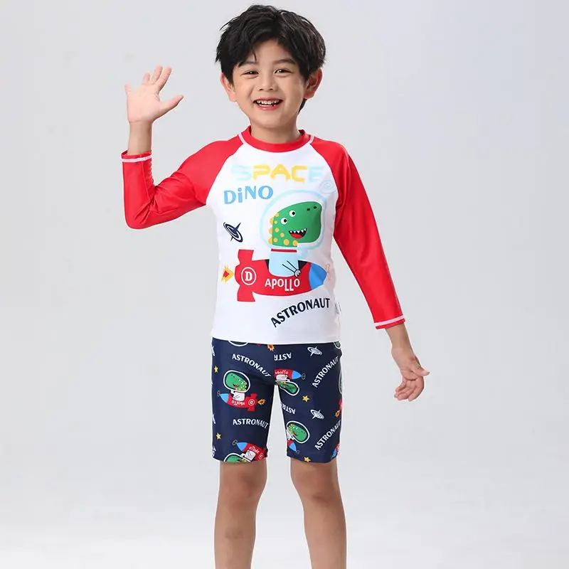 2023 Summer New Boys\' Split Swimwear Set Three Piece Dinosaur Print Surfing Sun Protection Quick Drying Swimwear for Children