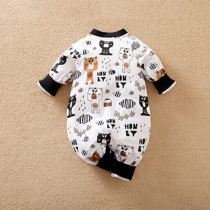 0-18 Baby Long Sleeved Jumpsuit Cute Cartoon Brown Bear Printed Cotton Comfortable And Soft Spring And Autumn Newborn Clothes