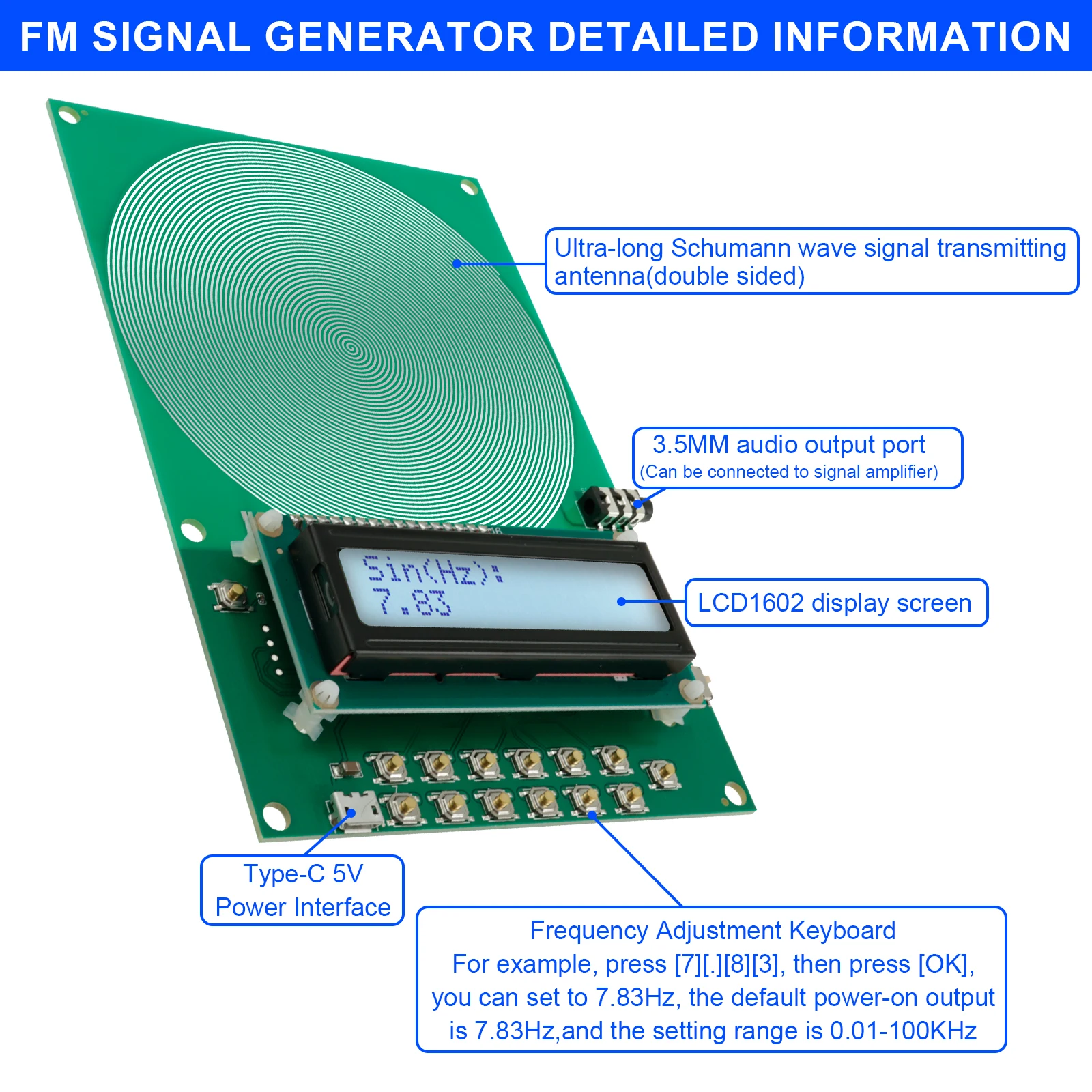 رقاقة محمولة مولد موجة شومان سهل التشغيل تعديل تردد جيبي نقي مولد إشارة دقيقة #5