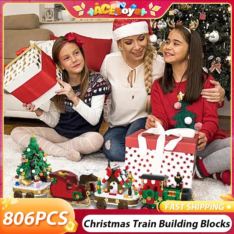 

806 Рождественский поезд, сани, строительные блоки, мелкие частицы, конфеты, дом, поезд 6 в 1, рождественская елка, детские собранные игрушки, подарки