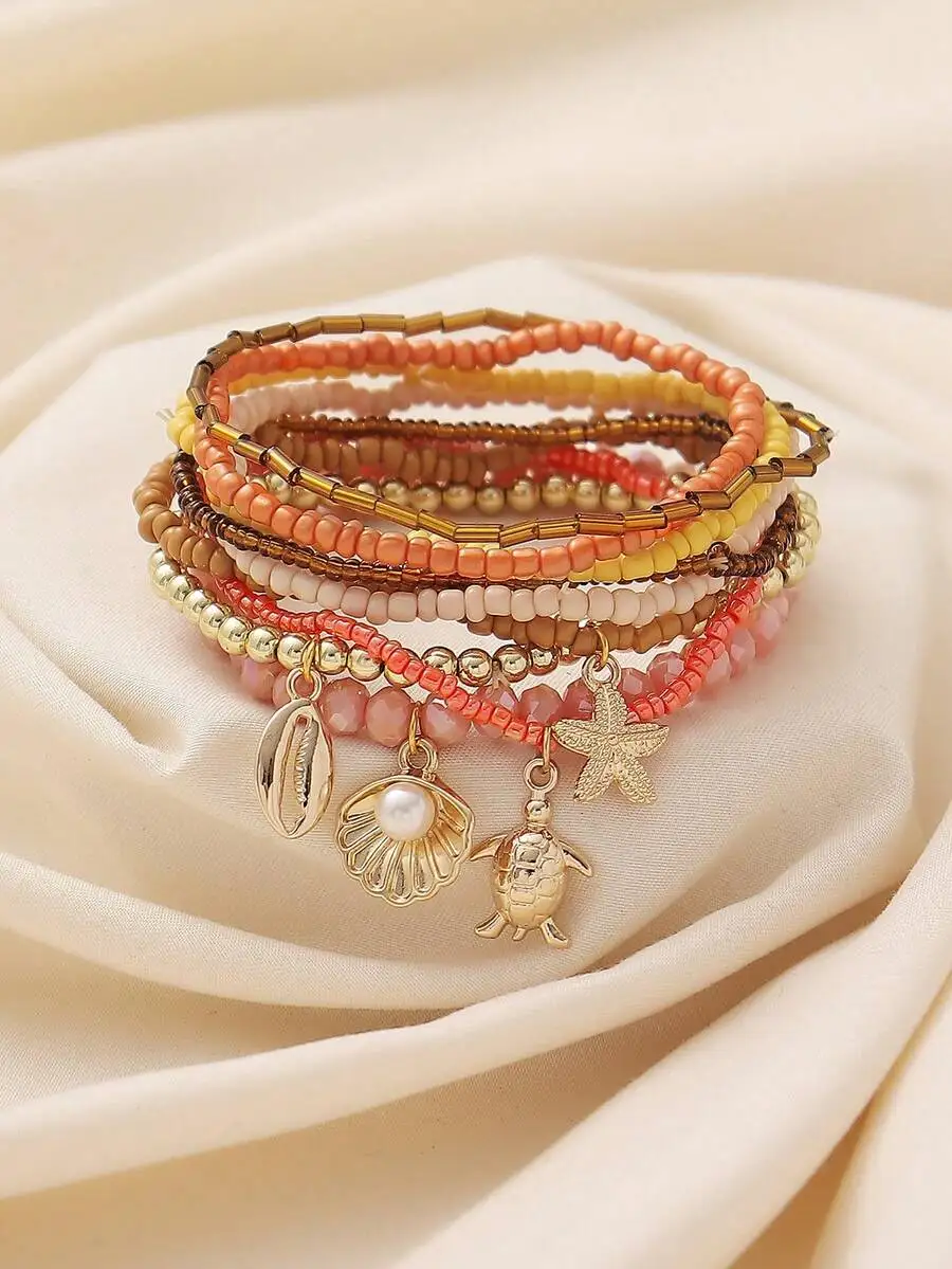 

9pcs Summer Casual Vacation Beaded Elastic Bracelet Set With Turtle Starfish Shell Faux Pearl Pendant For Beach Travel Party
