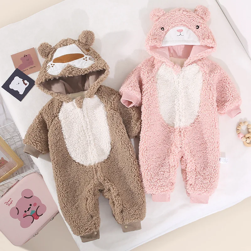 Baby clothes winter plush baby clothes baby jumpsuit men and women's treasure hooded outdoor clothesnewborn winter outfit