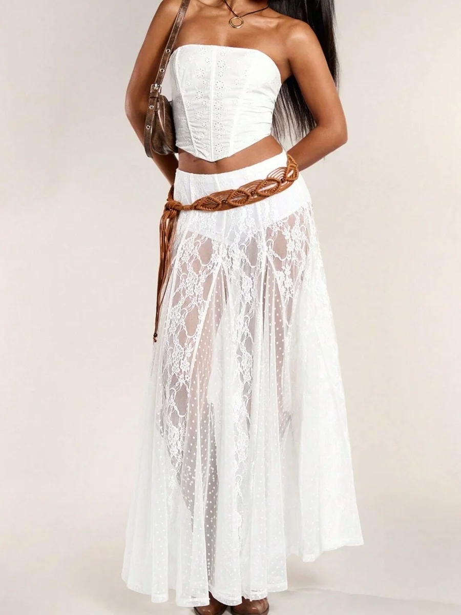 Falda larga transparente de encaje Floral para mujer, falda Sexy Y2k Coqueta elástica de cintura baja, falda larga y fluida, pantalones para fiesta y Club