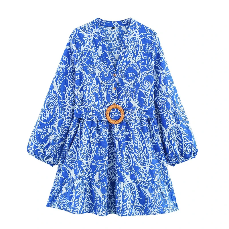 YENKYE 2025 Vrouwen Met Riem Borduren Print Shirt Jurken Lange Mouw V-hals A-lijn Korte Casual Jurk Lente Zomer Vestidos