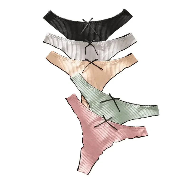 

3Pcs Ribbed Cotton Thong Panties Women Sexy Low Rise G String Lingerie Comfortable Breathable Soft Underwear Solid Color