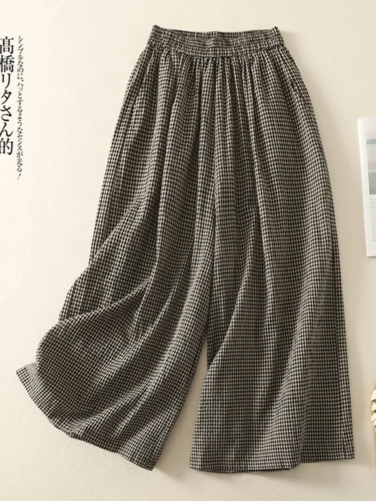 الكورية Sle كبيرة الحجم المرأة الصيف عادية منقوشة بنطال ذو قصة أرجل واسعة ثنيات تسع نقاط القطن الكتان اليابانية مستقيم أنبوب السراويل