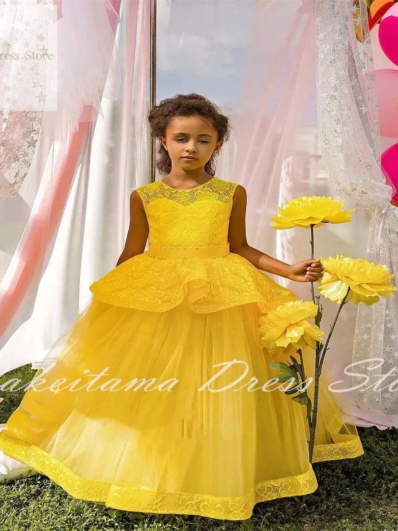 Yellow Tulle Puffy Flower Girl Dress for Wedding Sleeveless Applique Ruffles Kids First Communion Pageant Birthday Ball Gown