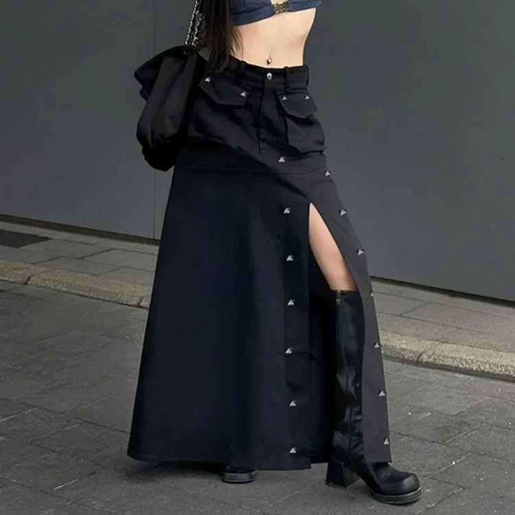 

Vintage Punk Rivet Split Skirt for Women 2024 Summer New Loose Denim Skirts Y2k Mid-length All-match Black Faldas Mujer