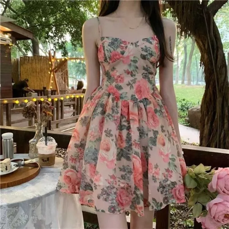 Summer Fashion Short Dresses Floral Print Strap Slim Women Dress Sleeveless Mini A Line Dresses On Sale Clearance Free Shipping