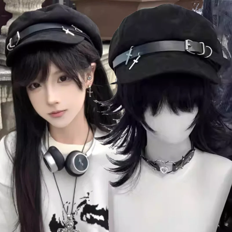 

y2k Harajuku Berets Caps for Women Gothic Lolita Hat Women Men Punk Biker Style Beret Metal Cap Streetwear Fashion Harajuku Caps