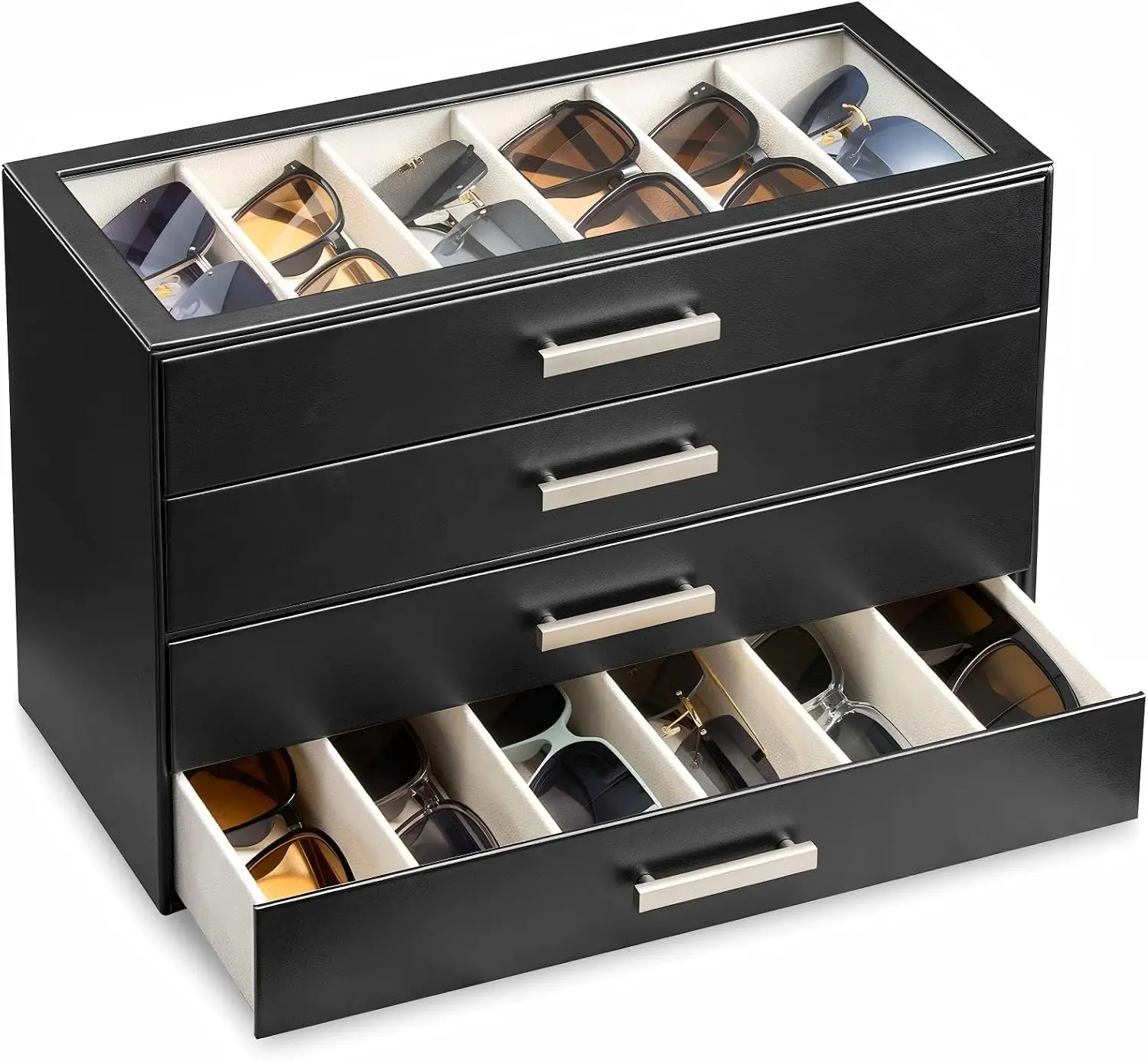 Sunglasses Organizer Box with Clear Glass Lid, PU Leather Eyeglass Storage Display Case for Men and Women