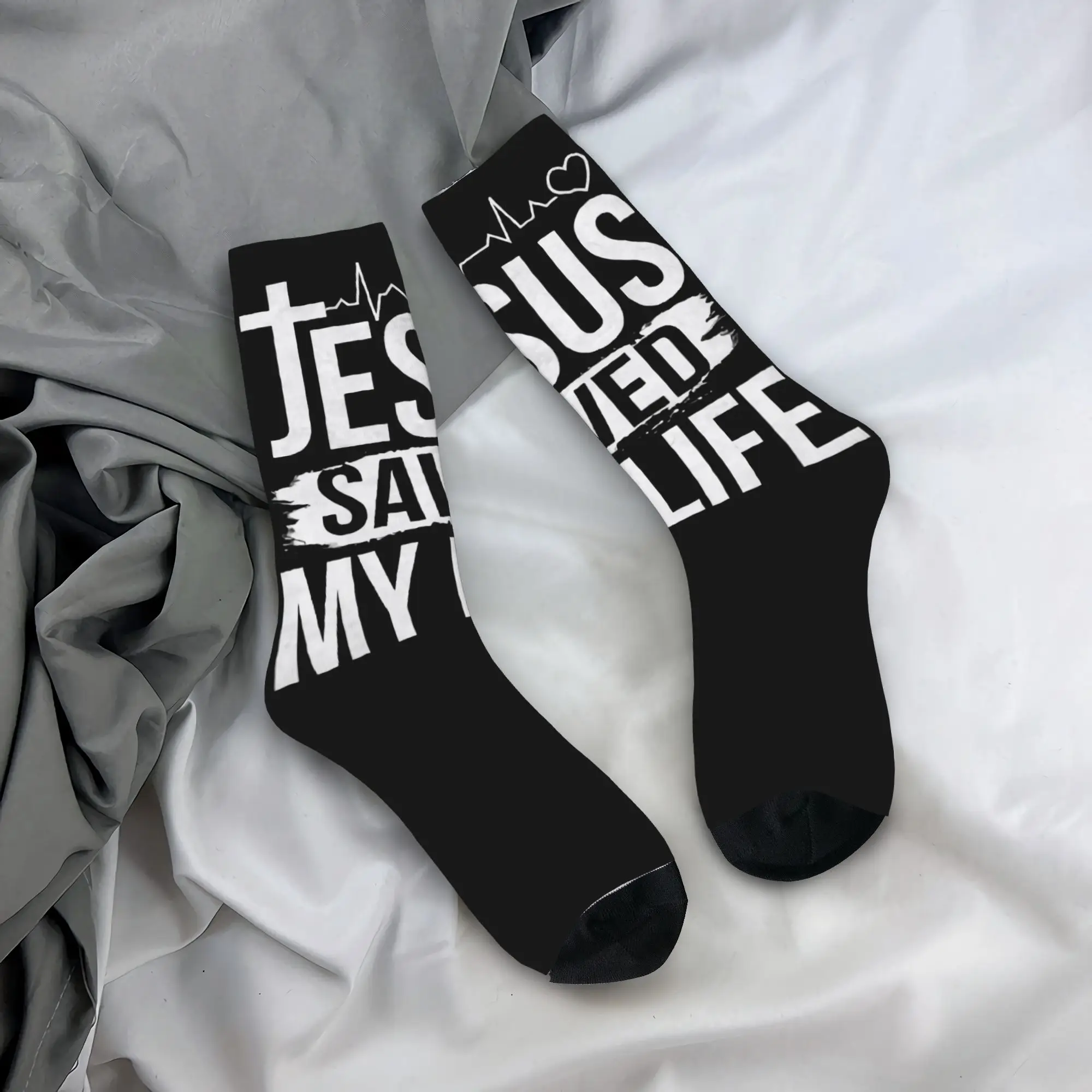 Calcetines Personalizados Divertidos con la Frase 'Jesús Me Salvó la Vida' para Hombre y Mujer, Cálidos, con Estampado 3D, Religión Cristiana, Fe, Fútbol, Deportes