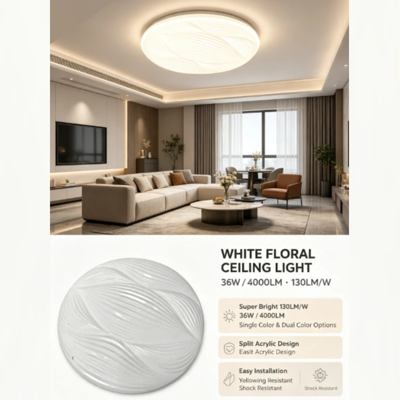Modern Led Ceiling Light Round Fixture With White Swirl Texture And Starry Panel For Living Room Bedroom Luxury Home Lighting