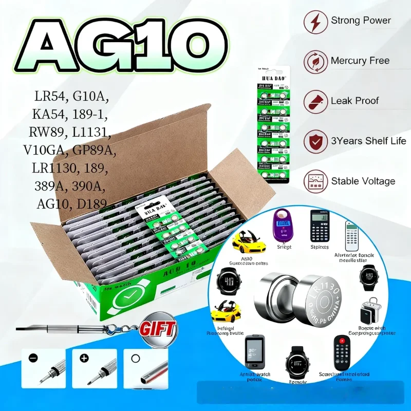 

AG10 LR1130 1.55V Alkaline Button Battery for Watches Hearing Aids Flashlights Calendars Toys - LR54 L1131 SR1130 389A