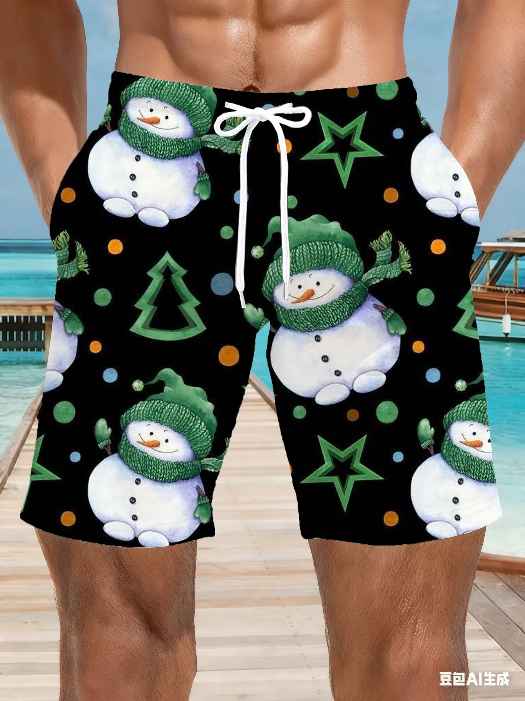 Vacanza estiva Vacanza Pantaloncini hawaiani Pantaloncini da bagno natalizi da uomo Rosso e bianco Fiocco di neve e agrifoglio Stampa Abbigliamento da spiaggia ad asciugatura rapida