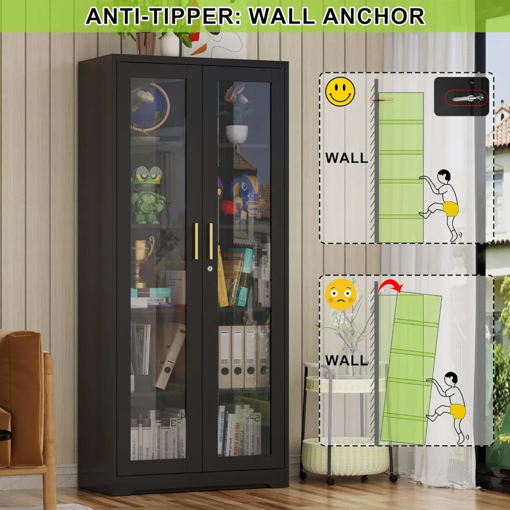 Высокая металлическая витрина со стеклянными дверцами, безопасный шкаф Curio для домашнего декора, 71, высокая витрина для кухни или гостиной