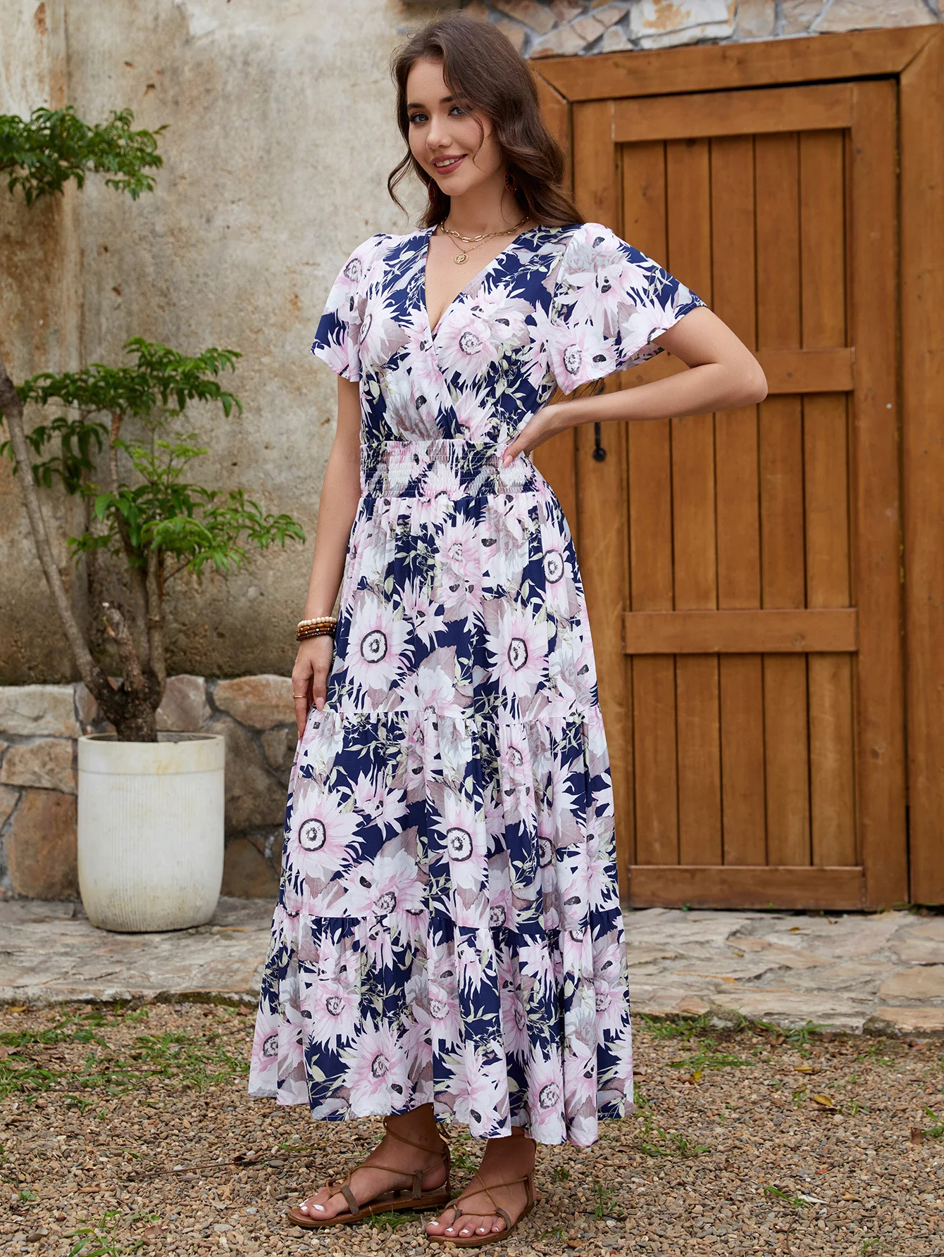 2025 여름 신상 코튼 반팔 V넥 롱 드레스 플로럴 프린트 휴가 스타일 캐주얼 비치 드레스 보헤미안 레트로 베스티도스